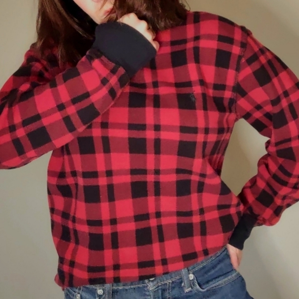 Polo Ralph Lauren Long Sleeve Waffle Knit Shirt Red Black Plaid Medium